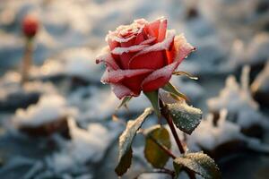 en enslig reste sig blooms elegant i ett isig fält, stänga upp skönhet ai genererad foto