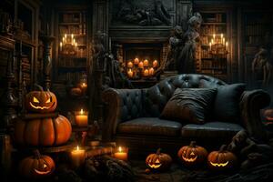 halloween bakgrund med pumpor och besatt hus - 3d framställa. halloween bakgrund foto