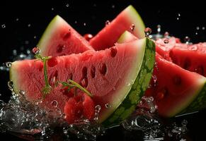 ai generativ Foto vatten stänk på skivad av vattenmelon