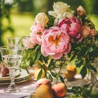 Land liv, trädgård och blommig dekor, pion blommor bukett i de landsbygden, Land stuga stil, generativ ai foto