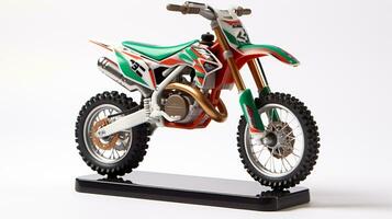 visning en 3d miniatyr- dubbelsport motorcykel. generativ ai foto