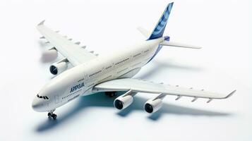 visning en 3d miniatyr- flygbuss a380. generativ ai foto