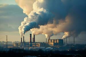 fabrik skorstenar spy rökig dis, industriell zoner luft förorening chokes miljö ai genererad foto