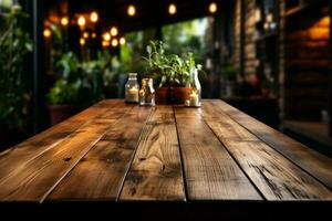tömma trä- tabell mot fläck, idealisk för produkt visa i caf miljö ai genererad foto