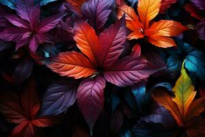 mörk rum avslöjar vibrerande blad mönster, belysande med en brista av färger ai genererad foto