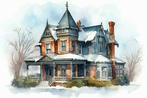 vattenfärg victorian hus på vinter. generera ai foto