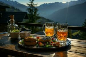 frukost eras på en trä- terrass uteplats på en tirol alm hydda på soluppgång. ai genererad foto