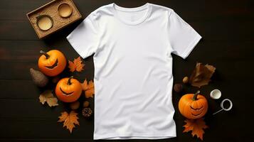 halloween top-down se av en bella duk tom vit Färg t-shirt mockup, ai genererad foto