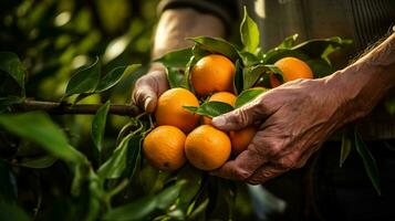 händer plockning apelsiner från en träd, närbild, naturlig ljus, ai genererad foto