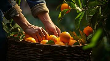 orange skörda händer plockning apelsiner från en träd närbild naturlig ljus ai genererad foto