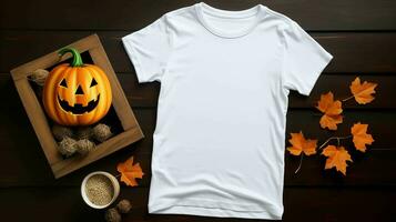 vit kvinnors t-shirt halloween attrapp med mystisk mörk bakgrund och en eleganta arrangemang av pumpor och delikat höst löv och kopp, ai genererad foto