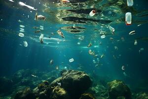 antenn perspektiv plast och mänsklig avfall hota oceaner delikat balans ai genererad foto