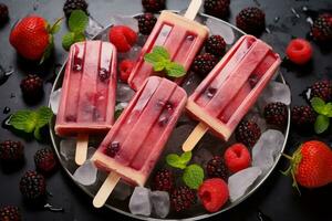 en topp se platt lägga av hemlagad bär popsicles på en metall tallrik, symboliserande en friska sommar behandla ai genererad foto