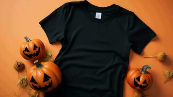 svart kvinnors t-shirt halloween attrapp presenteras orange bakgrund, ai genererad foto