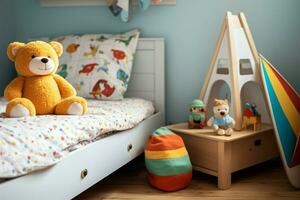lekfull leksakstema dekor i en childs rum, främja en roligt och vibrerande atmosfär ai genererad foto