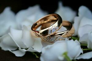fängslande Foto bröllop ringar, selektiv fokus, symboliserar kärlek och omhuldade familj ai genererad