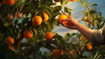 en manlig jordbrukare försiktigt plockning vibrerande orange eller mandarin frukt från de gren, ai genererad foto