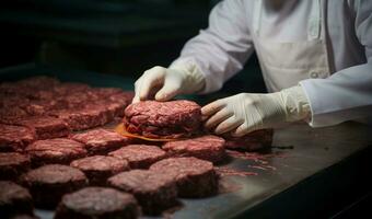 de konst av butchery utvecklas som skicklig händer bearbeta smakrik hamburgare patties ai genererad foto