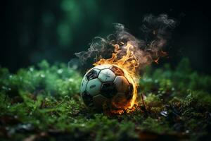 mitt i rök, fotboll boll vilar på stadion gräs, erbjudande rum för kreativ design ai genererad foto