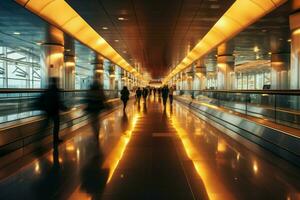 flygplats rusa suddigt siffror glida på två rör på sig gångvägar med hetero perspektiv ai genererad foto