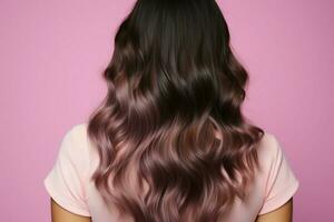 fantastisk hår Evolution rosa bakgrund kontraster före efter, highlighting hälsa, glans, och volym. ai genererad foto