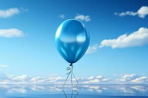 upphöjd glädje en enslig blå ballong flyter mot en rena vit bakgrund ai genererad foto