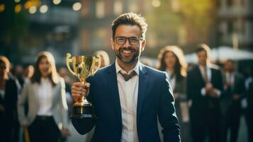 Framgång affärsman innehav trofén med strålande leende foto