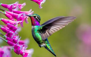 fångande naturens juvel, en fascinerande glimt av en vibrerande kolibri i graciös mitten av flygningen elegans. ai genererad foto