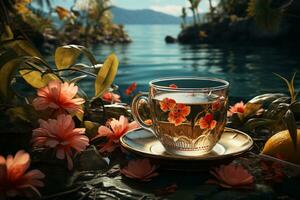 tropisk fly i en kopp, te eller kaffe med naturskön bakgrund ai genererad foto