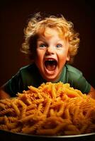 ung barn förtjusande i pasta middag isolerat på en värma lutning bakgrund foto