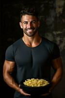 kondition entusiast äter posta träna pasta hälsa bar bakgrund med tömma Plats för text foto