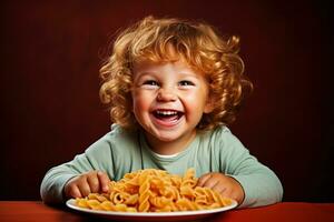 ung barn njuter pasta middag på italiensk restaurang isolerat på en lutning bakgrund foto