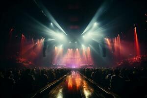 ai generativ fullt med folk konsert skede landskap med spotlights och färgad lampor realistisk bild, ultra hd foto