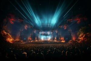 ai generativ fullt med folk konsert skede landskap med spotlights och färgad lampor realistisk bild, ultra hd foto