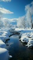 isig vit snö filtar en fredlig vinter- sagoland. vertikal mobil tapet ai genererad foto