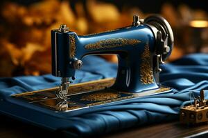 traditionell sömnad maskin skapar tidlös blå jeans från kvalitet tyg ai genererad foto