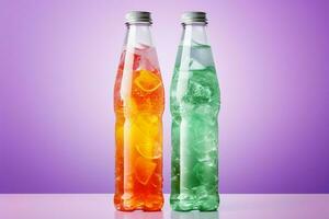 en distinkt plast soda eller mineral flaska, med oregelbunden form, mot en färgrik studio bakgrund ai genererad foto