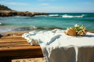 obesatt bordsduk mot suddig strand bakgrund lugn kontrast av texturer och utrymmen ai genererad foto