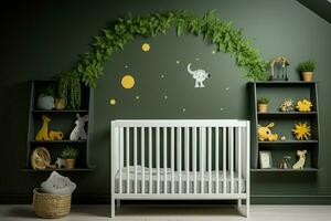 skapa magi i de barns rum med en grön vägg attrapp för dekor planera ai genererad foto