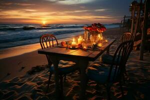 romantisk strand middag på solnedgång, lämnar rum för din särskild meddelande ai genererad foto