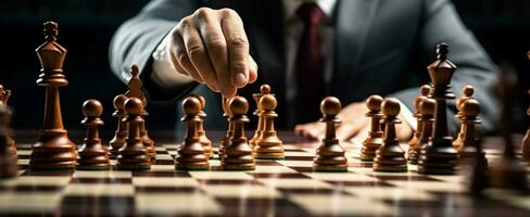 en affärsman avrättar finansiell strategi, framåt en schack bit över andra ai genererad foto