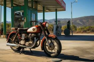 årgång cykel på aten patras motorväg gas station fångar Grekland retro charm ai genererad foto