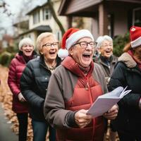 glad grupp caroling i de grannskap foto