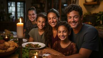 familj samlade in runt om en tabell, leende foto