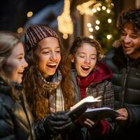 glad grupp caroling i de grannskap foto