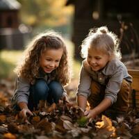 barn spelar med falla löv utanför foto