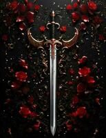 svart bakgrund med svärd, estetisk röd illustration foto