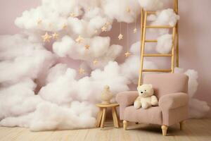 nyckfull barns rum med en trä- trappa pall mitt i fluffig moln dekor ai genererad foto