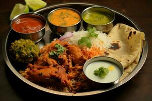 kulinariska resa indisk kyckling thali skryter olika maträtter tycka om friterad kyckling, ägg curry, biryani ai genererad foto
