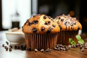 läckra choklad chip muffin, en ljuvlig behandla för din smak knoppar ai genererad foto